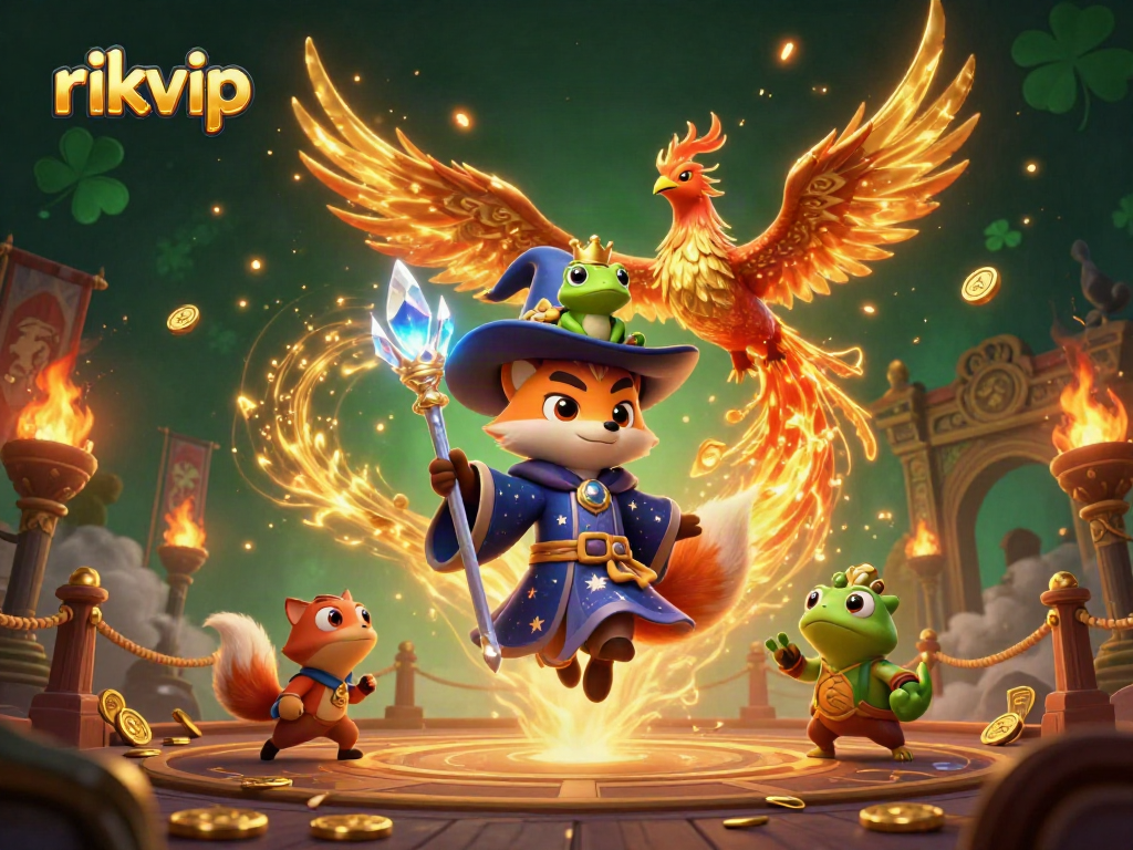 Experience thrilling games at rikvip with a mystical fox wizard and phoenix in a vibrant casino atmosphere.