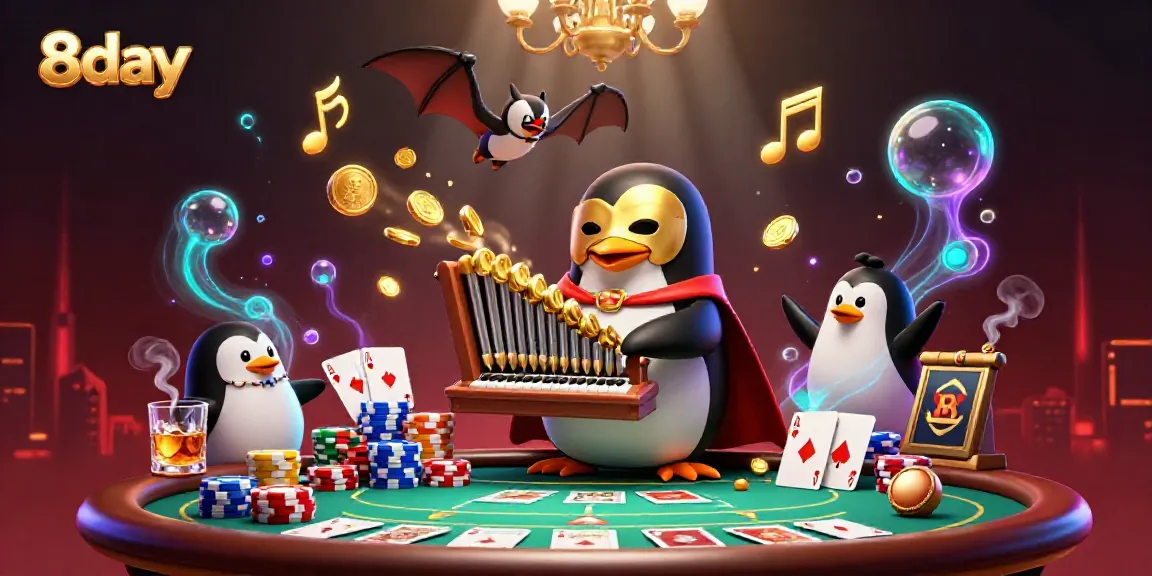 Experience thrilling action with 8day as a phantom opera penguin exudes charm in a vibrant casino scene.