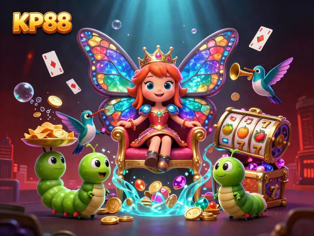 KP88 casino scene with a butterfly queen, slot games, and chips in a vibrant underwater setting.
