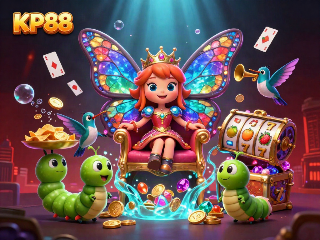 KP88 casino scene with a butterfly queen, slot games, and chips in a vibrant underwater setting.