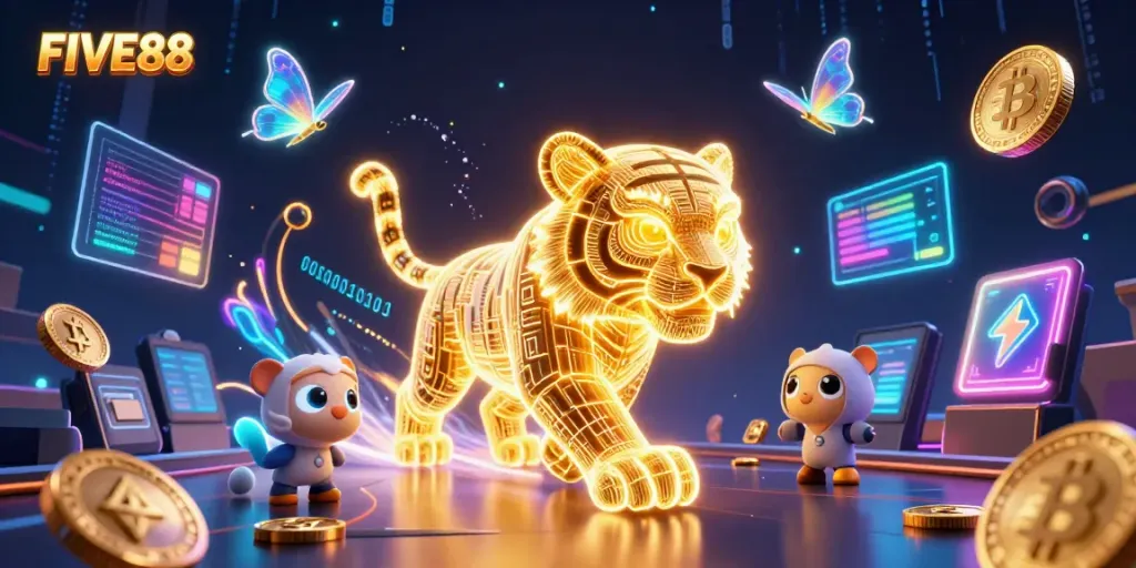 Navigate the thrilling world of FIVE88 with vibrant digital energy and cryptocurrency elements.