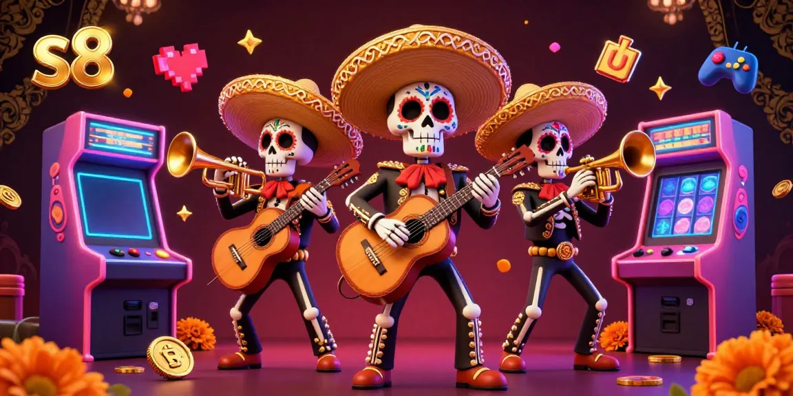 Engage with s8's vibrant 3D illustration, showcasing a mariachi band amidst casino-themed gaming elements.