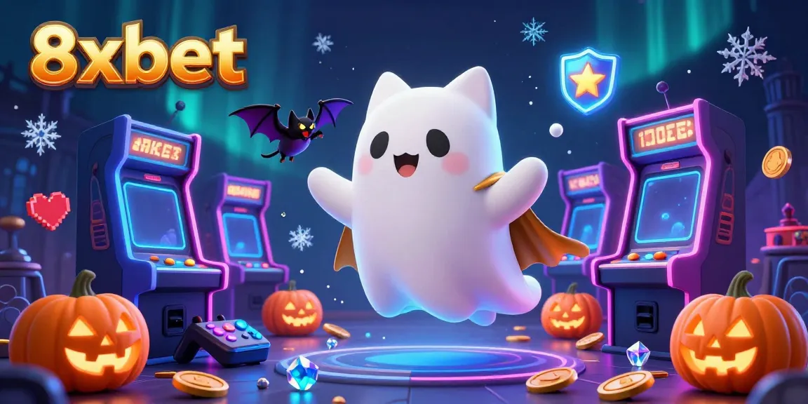 Experience the excitement with 8xbet's ghost cat and vampire bat in a vibrant casino scene filled with games and prizes.