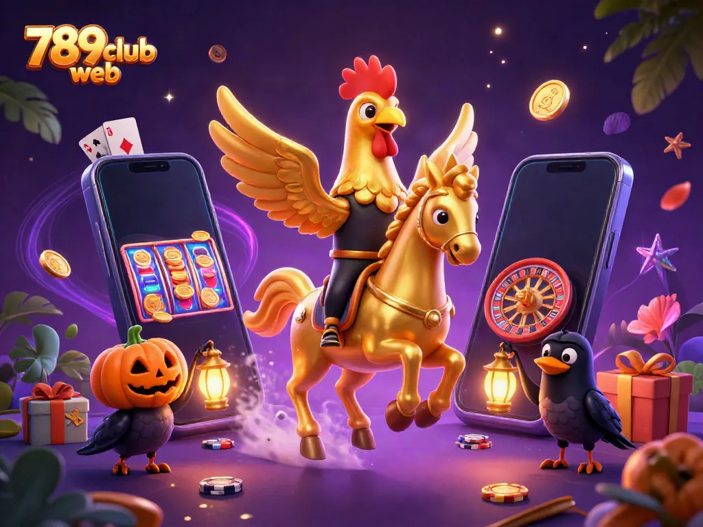 Experience the thrill of the 789club web with a golden rooster and spectral horse in a vibrant casino.