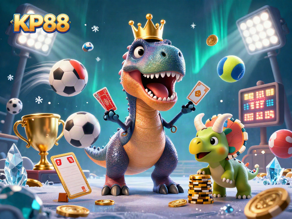 Engaging KP88 illustration with T-Rex shuffling cards, surrounded by dynamic sports elements and casino vibes.