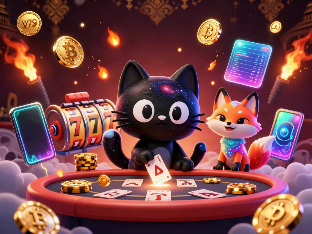 Experience the thrilling allure of v79 with a cosmic casino scene featuring a black hole cat and colorful fox amidst glowing game elements.