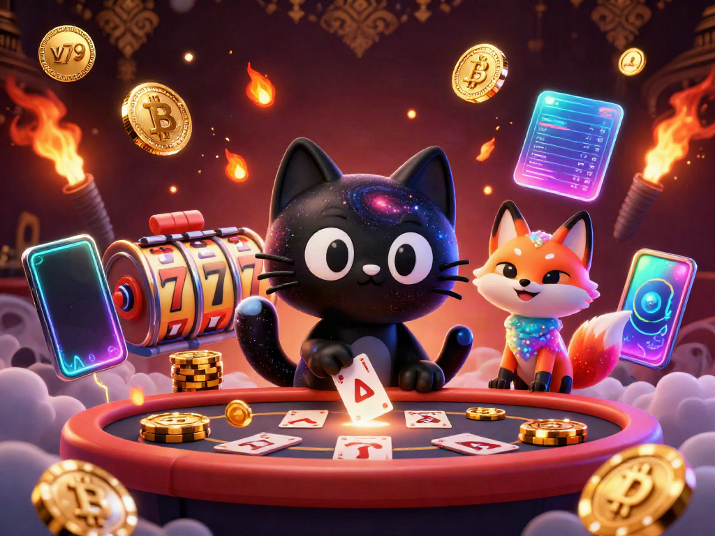 Experience the thrilling allure of v79 with a cosmic casino scene featuring a black hole cat and colorful fox amidst glowing game elements.