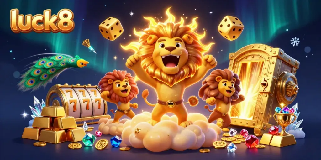 Experience luck8's exciting gaming journey with golden treasures, dynamic characters, and vibrant casino elements.