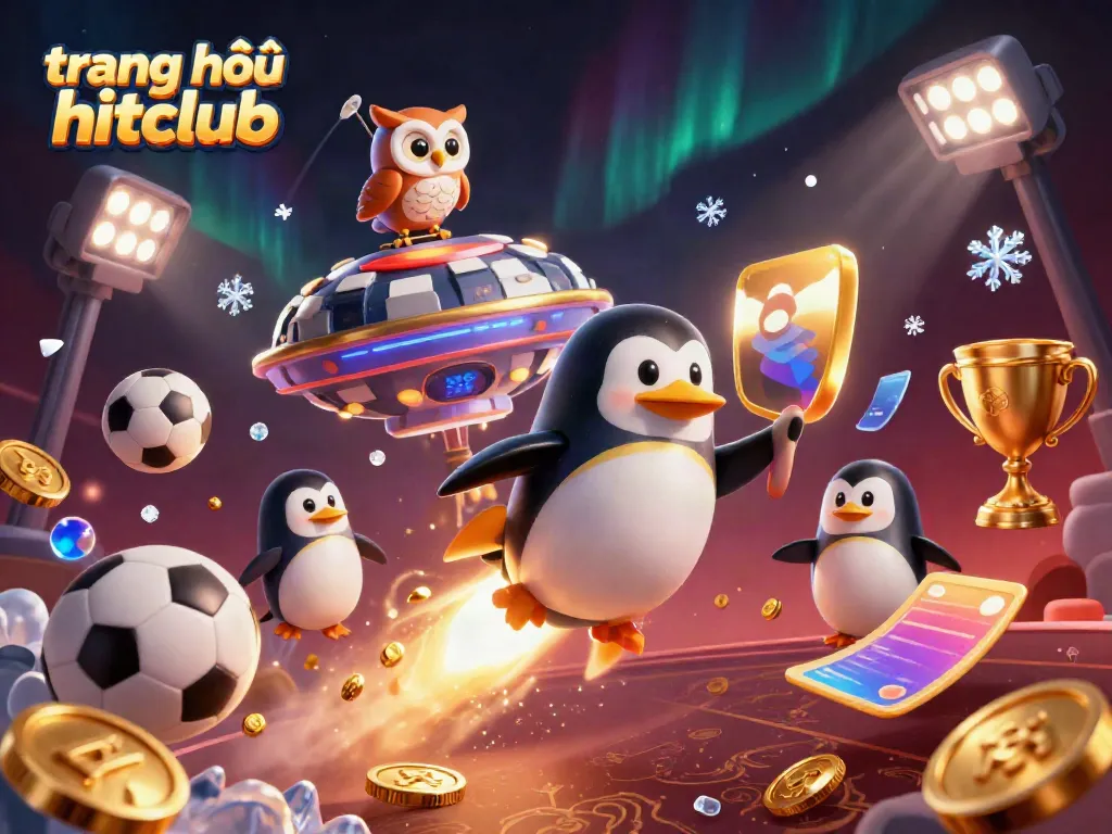 Experience excitement on trang chủ hitclub with a dynamic scene of a golden penguin and sports elements.