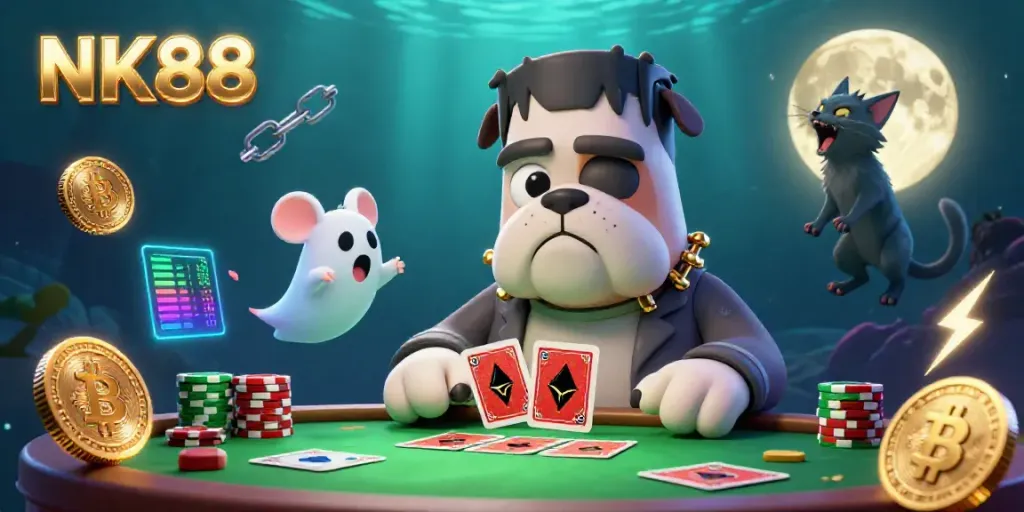 Engage in thrilling casino action with NK88 as a Frankenstein bulldog deals cards at a haunted table.