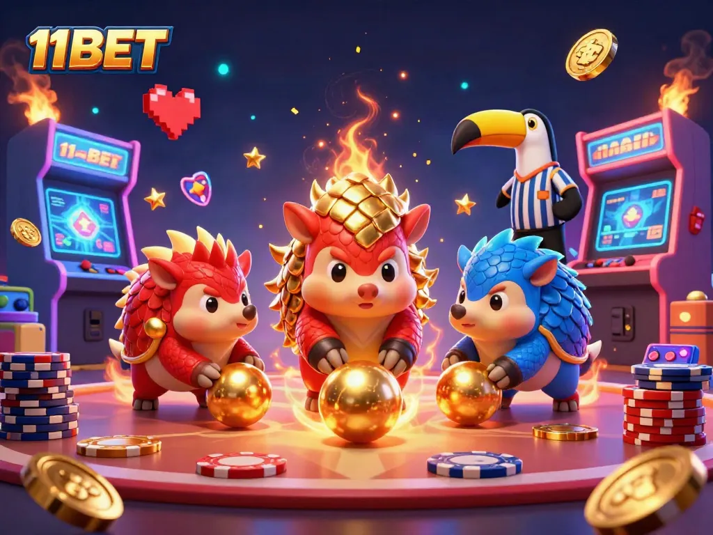 Engage in vibrant gameplay with 11BET featuring a dynamic casino scene filled with pengolins and poker elements.