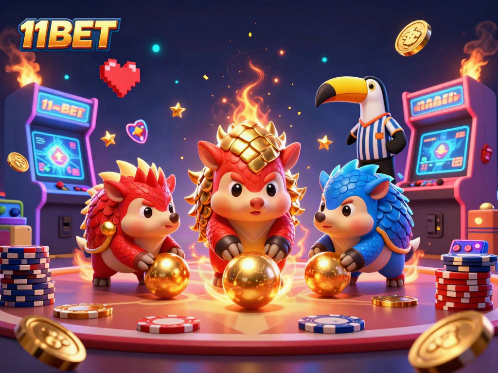 Engage in vibrant gameplay with 11BET featuring a dynamic casino scene filled with pengolins and poker elements.