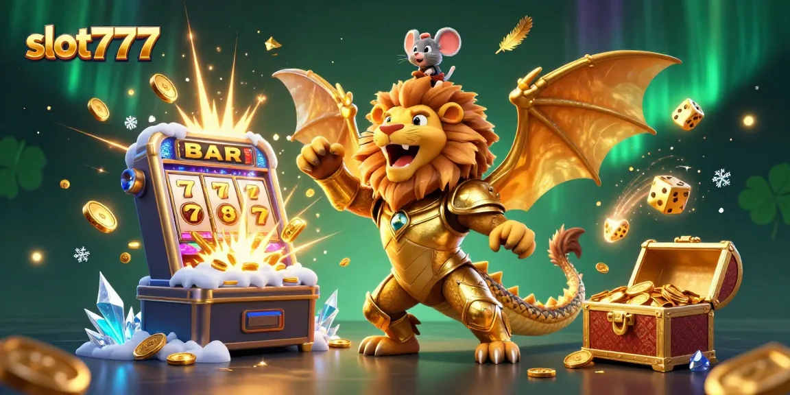 Experience jackpot thrills with slot777 featuring a roaring chimera atop evolving casino elements.