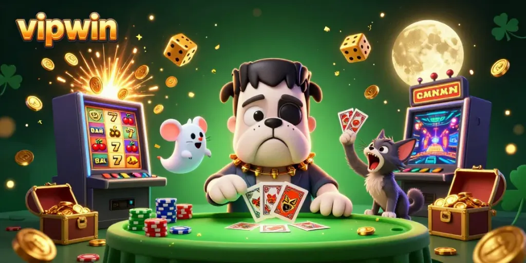 Engaging vipwin scene of a bulldog monster dealing cards with lively casino elements.