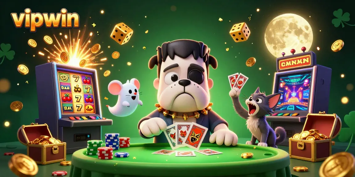 Engaging vipwin scene of a bulldog monster dealing cards with lively casino elements.
