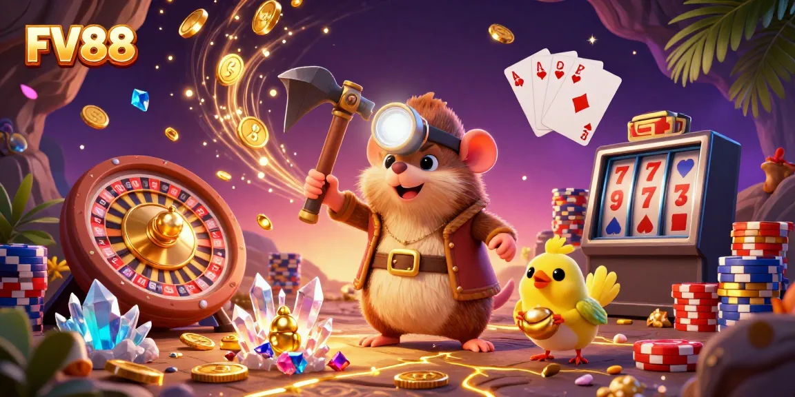 Engage with FV88's thrilling gaming adventures featuring golden treasures and vibrant casino elements.