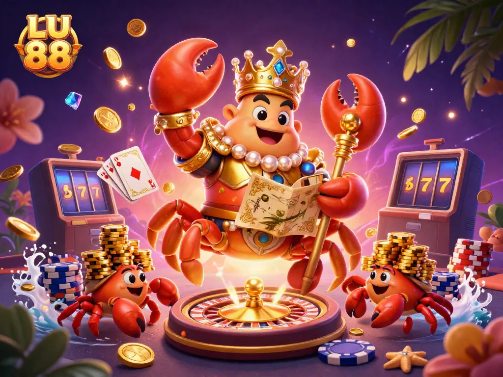 Experience the excitement of LU 88 with a vibrant 3D casino illustration featuring a golden crab emperor and treasures.