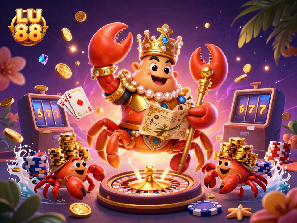 Experience the excitement of LU 88 with a vibrant 3D casino illustration featuring a golden crab emperor and treasures.