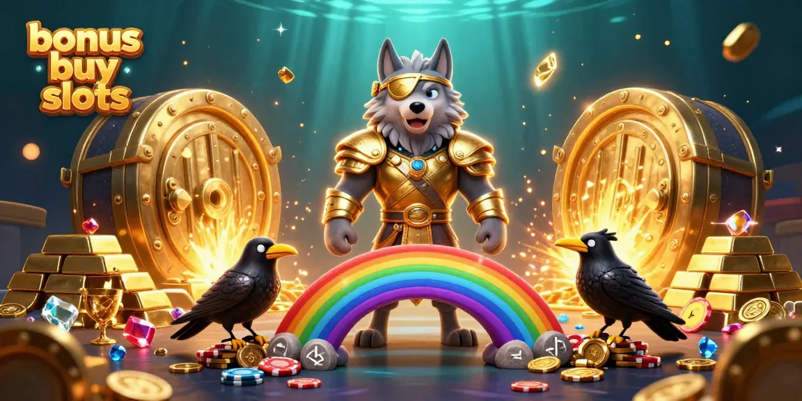 Engage in bonus buy slots with Odin wolf and ravens amidst a vibrant casino landscape