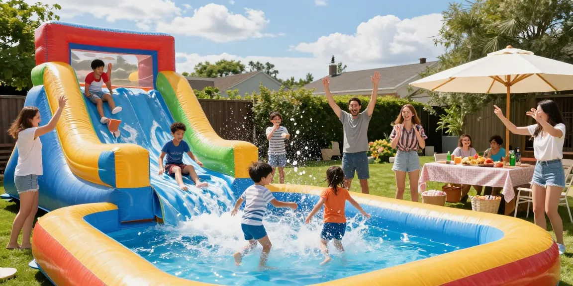 Children sliding down a vibrant water slide, making splashes in summer fun.