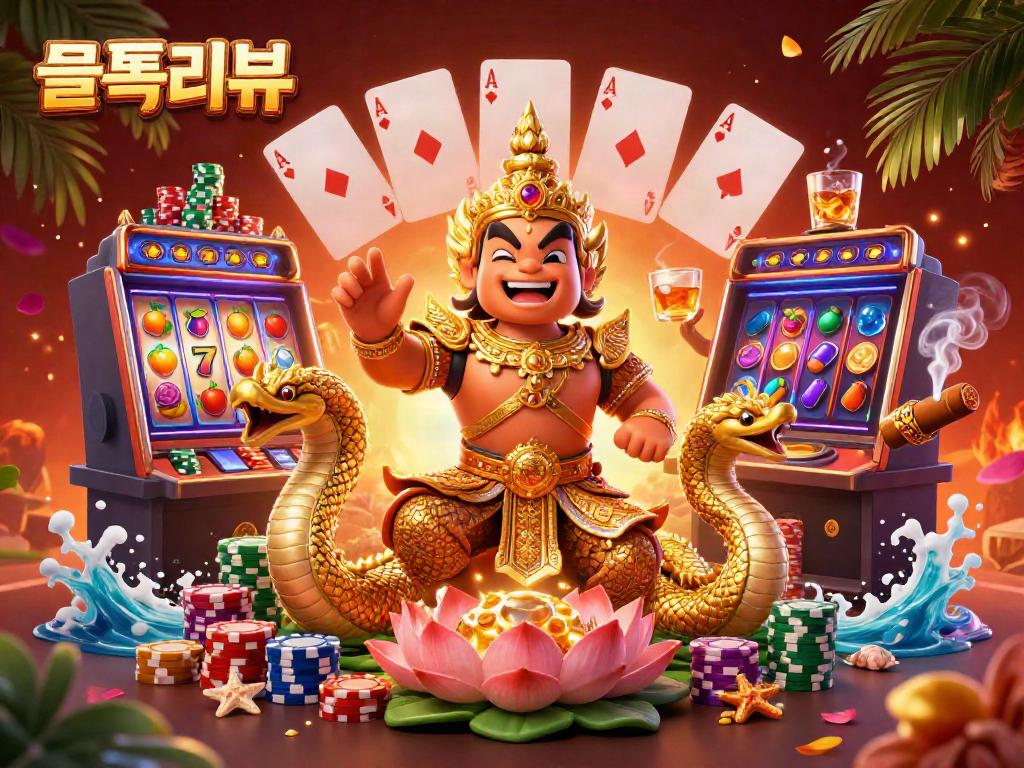 Engaging scene showcasing 슬롯리뷰 with vibrant slot machines, golden guardian, and casino elements in 3D.