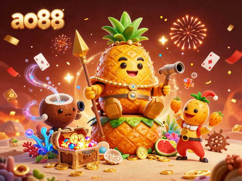 Experience the thrill of casino gaming at ao88 with a vibrant beach scene featuring a pineapple king and playful characters.