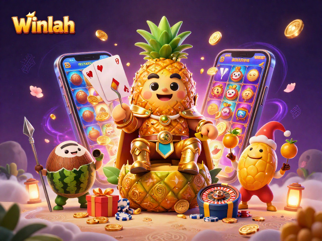 Experience thrilling games with Winlah featuring playful characters in a vibrant casino setting.