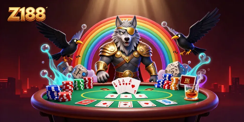 Engage with Z188's vibrant casino scene featuring characters and elements of excitement and luck.