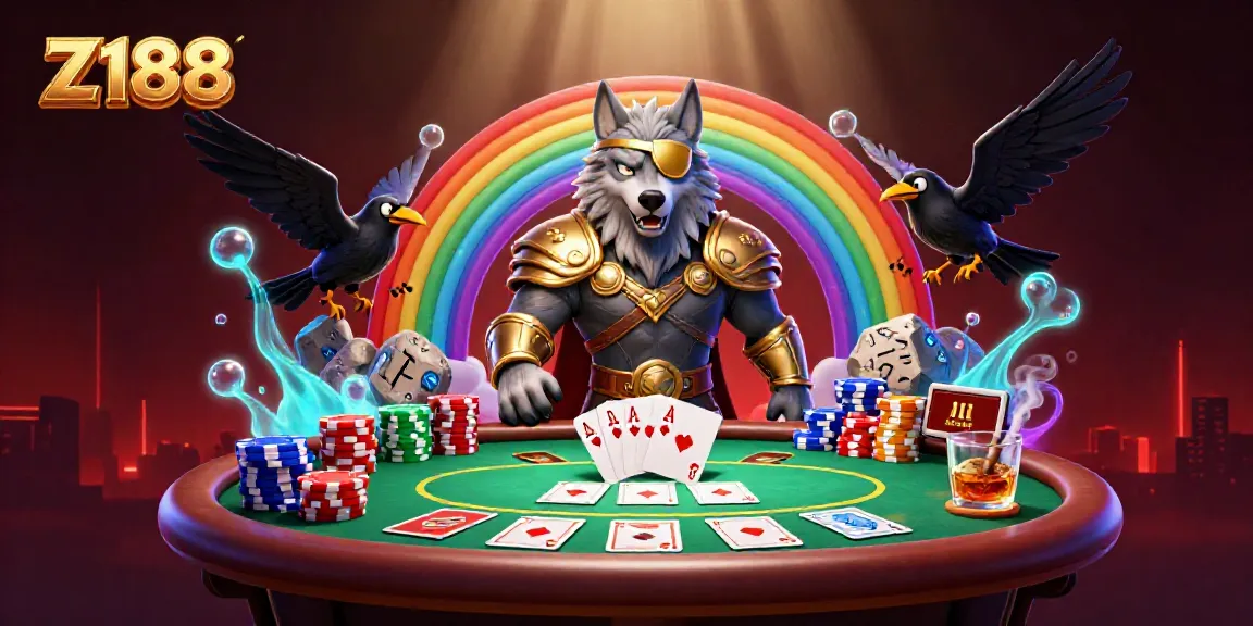 Engage with Z188's vibrant casino scene featuring characters and elements of excitement and luck.