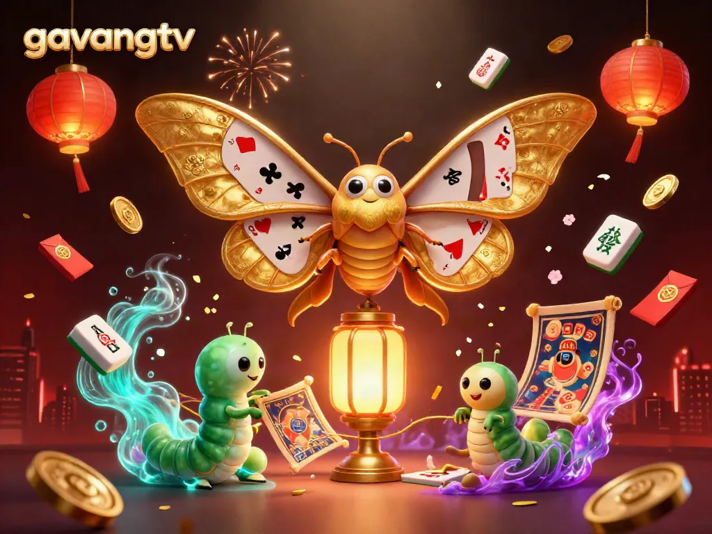 Experience the excitement of gambling with gavangtv in this vibrant 3D illustration featuring a golden moth and casino elements.