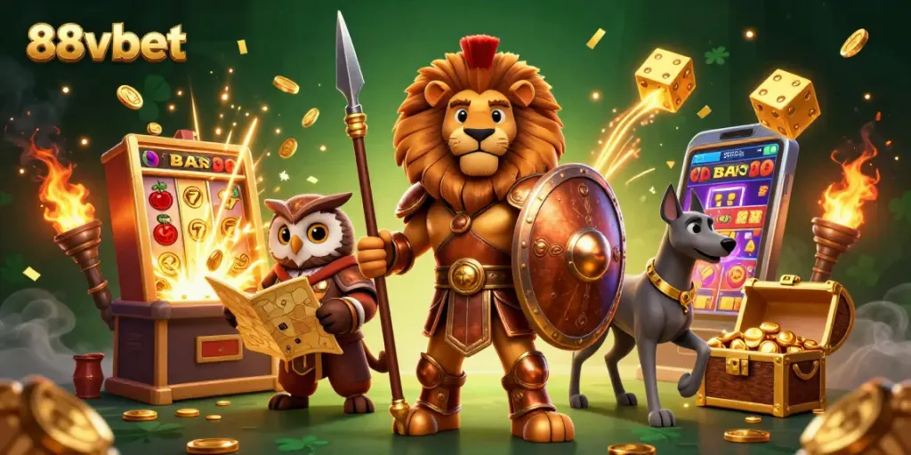 Experience the thrill of winning with 88vbet's vibrant casino illustration featuring epic characters.