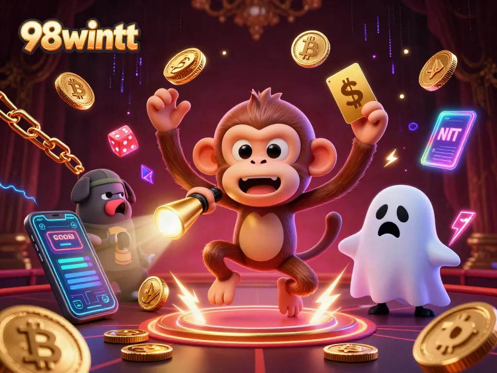 Experience gaming excitement as the 98wintt monkey juggles casino treasures with a curious puppy