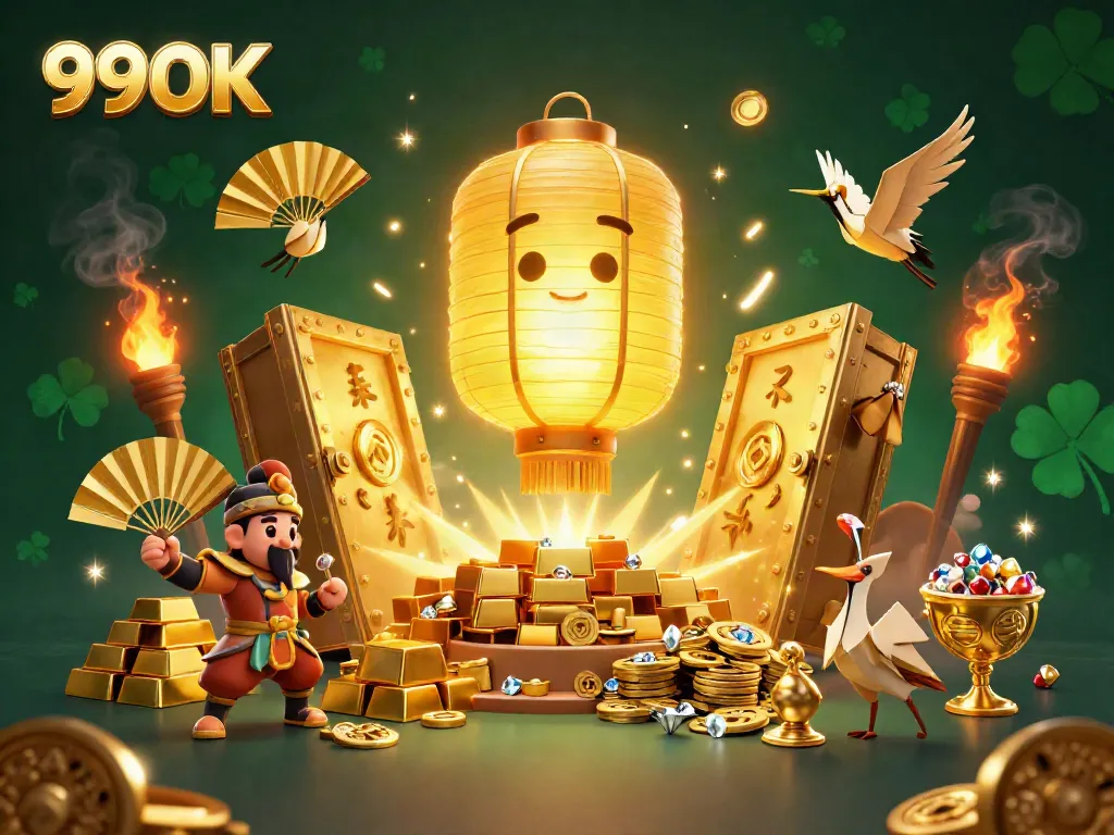 Join the fun at 99OK casino with glowing treasures and lucky symbols in a vibrant 3D scene