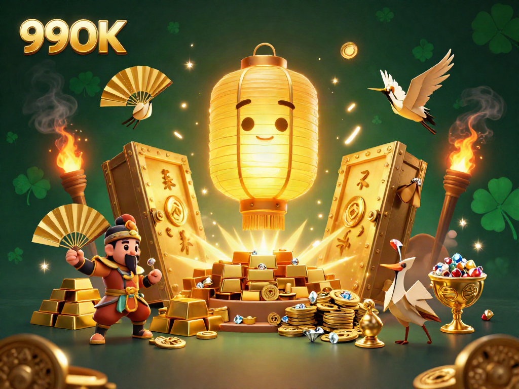 Join the fun at 99OK casino with glowing treasures and lucky symbols in a vibrant 3D scene