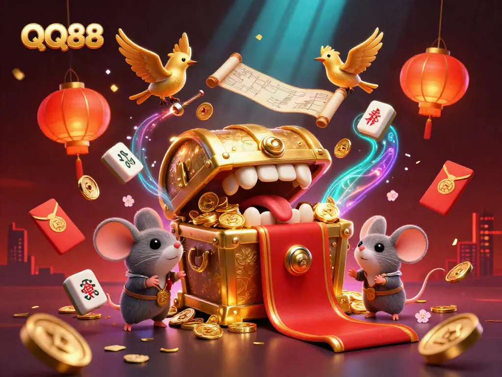 Experience the thrill of QQ88 with vibrant gaming elements and a captivating treasure chest in this lively digital scene.