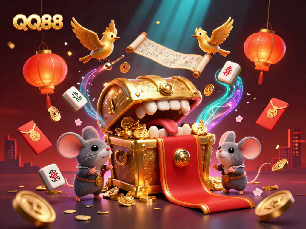 Experience the thrill of QQ88 with vibrant gaming elements and a captivating treasure chest in this lively digital scene.