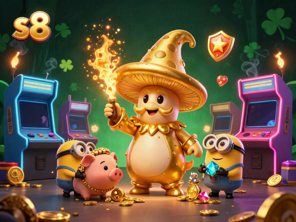 Engage with the vibrant fantasy scene of s8, where a golden mushroom wizard conjures treasures in a casino setting.
