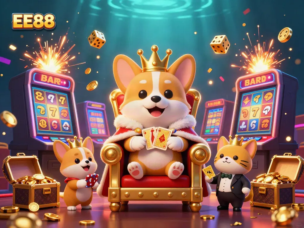 EE88 invites players with a lively scene filled with corgis and casino themed elements like slot machines and golden treasures.