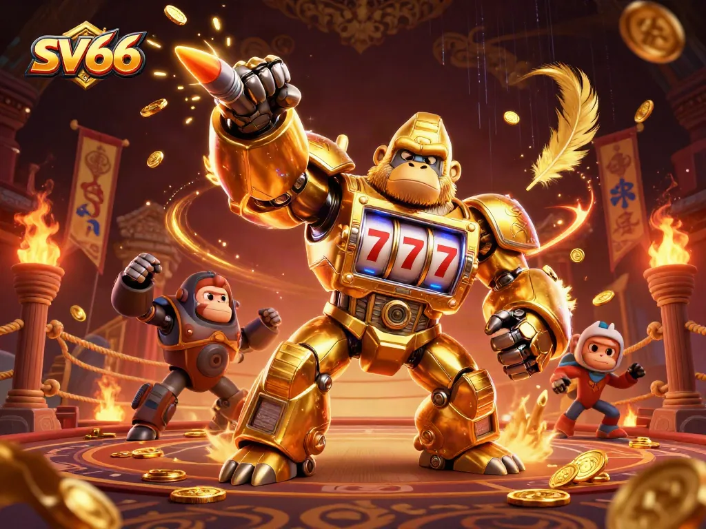 Spin to win with the sv66 golden gorilla mech amidst dynamic casino elements for an exhilarating gaming experience.