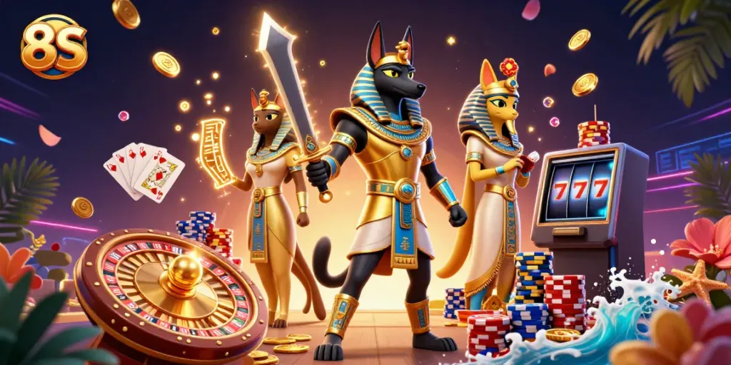 Experience vibrant gameplay in the 8S casino scene featuring Anubis and treasures.