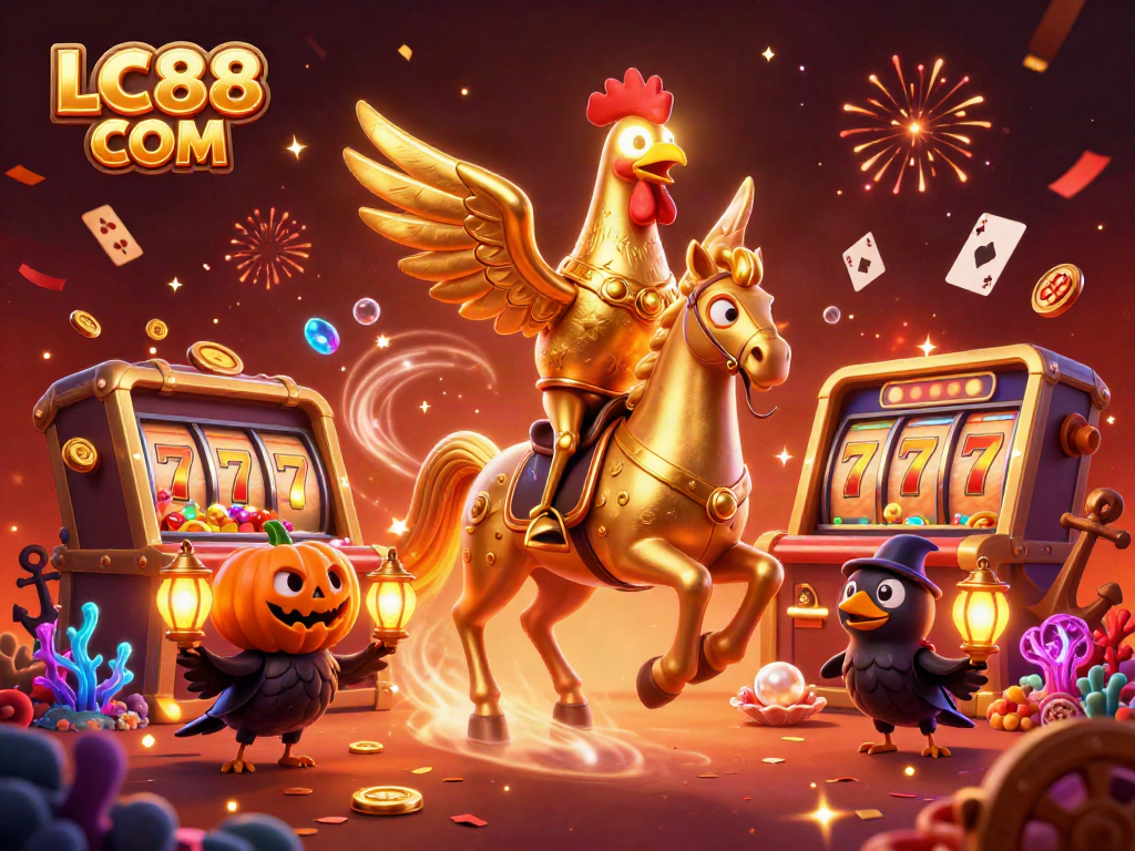 Experience an enchanting scene of gambling at LC88 COM with the golden rooster headless horseman and floating treasures.
