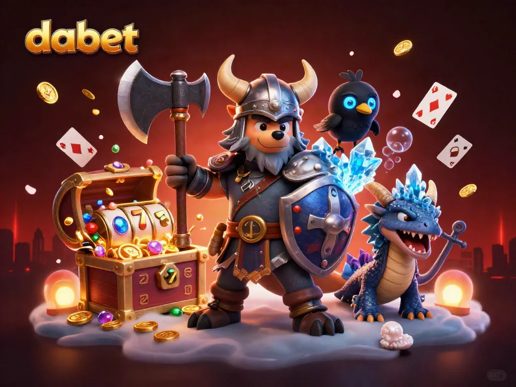 Engage in thrilling gameplay with dabet's dynamic casino scene featuring a Viking warrior and dragon.