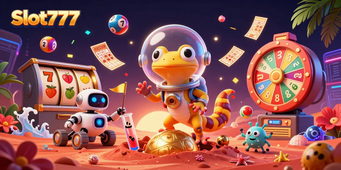 Experience the excitement of Slot777 with a Martian gecko discovering treasures in a vibrant, dynamic casino scene.