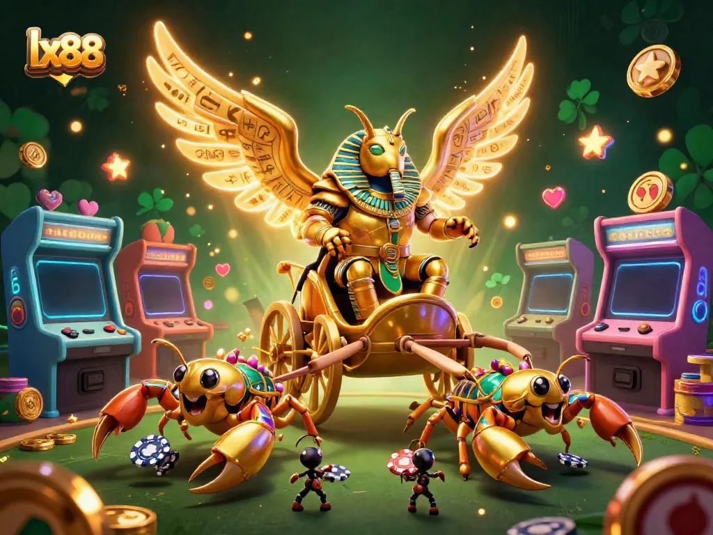 Experience the thrill of lx88 with a lavish casino scene featuring a golden scarab beetle, jewel-encrusted scorpions, and gaming excitement.