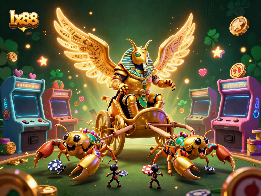 Experience the thrill of lx88 with a lavish casino scene featuring a golden scarab beetle, jewel-encrusted scorpions, and gaming excitement.