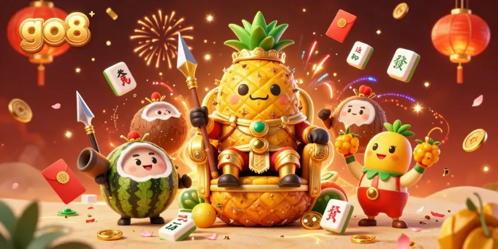 Experience the vibrant go8 casino scene with a golden pineapple king and festive elements.