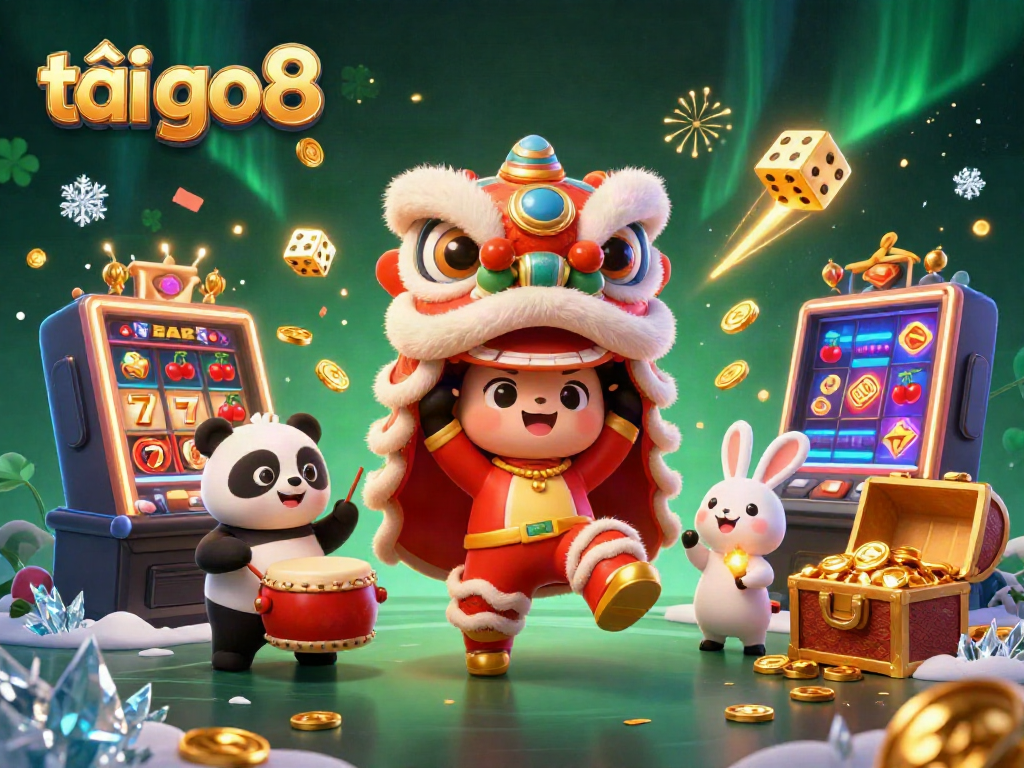 Engage in vibrant gameplay action with tải go 88 in a lively scene featuring a slot machine, lion dance, and festive elements.