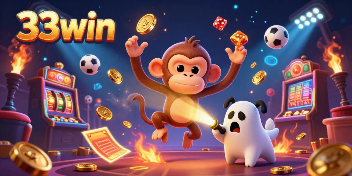33win captures the exciting atmosphere of a casino with a playful poltergeist monkey and a curious puppy navigating the gaming world.