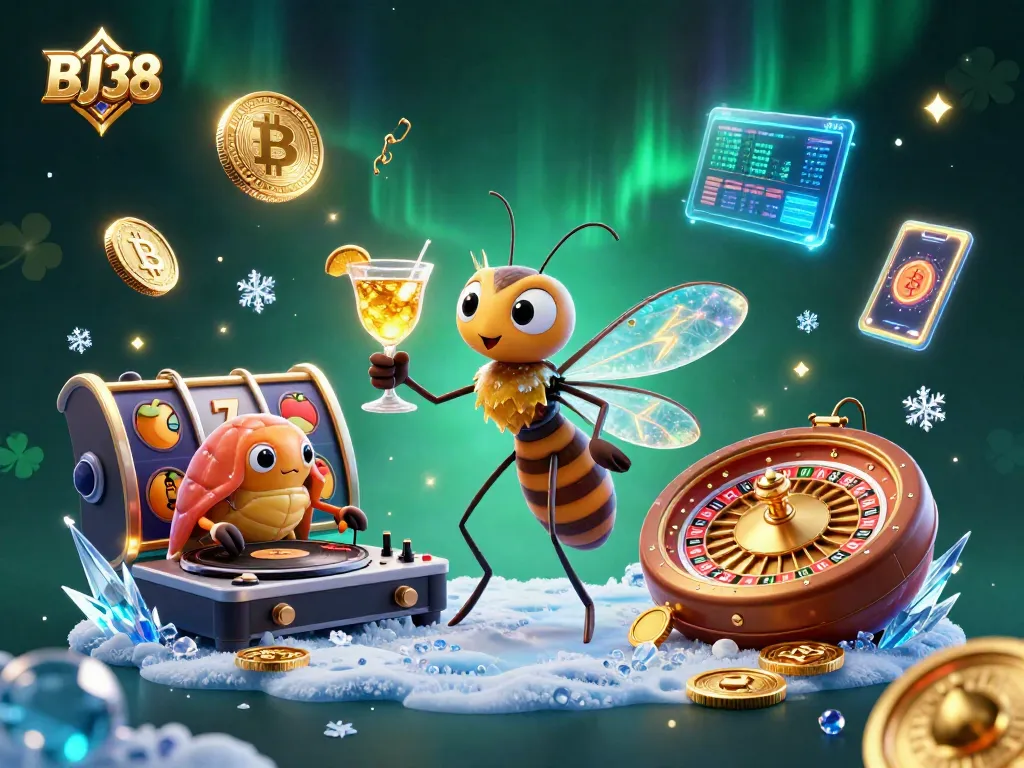 Engage with BJ38, the vibrant casino mascot amidst a lively slot machine scene.