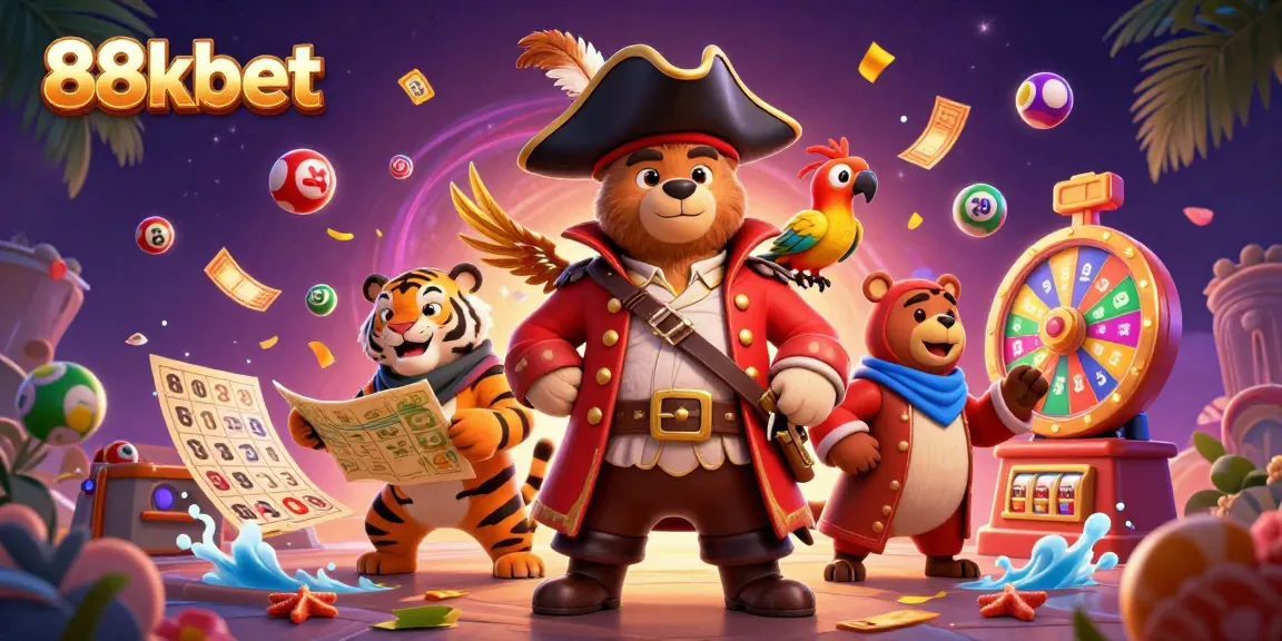 Engage with the vibrant 88kbet experience featuring a pirate captain bear, tiger first mate, and parrot amidst lottery elements.